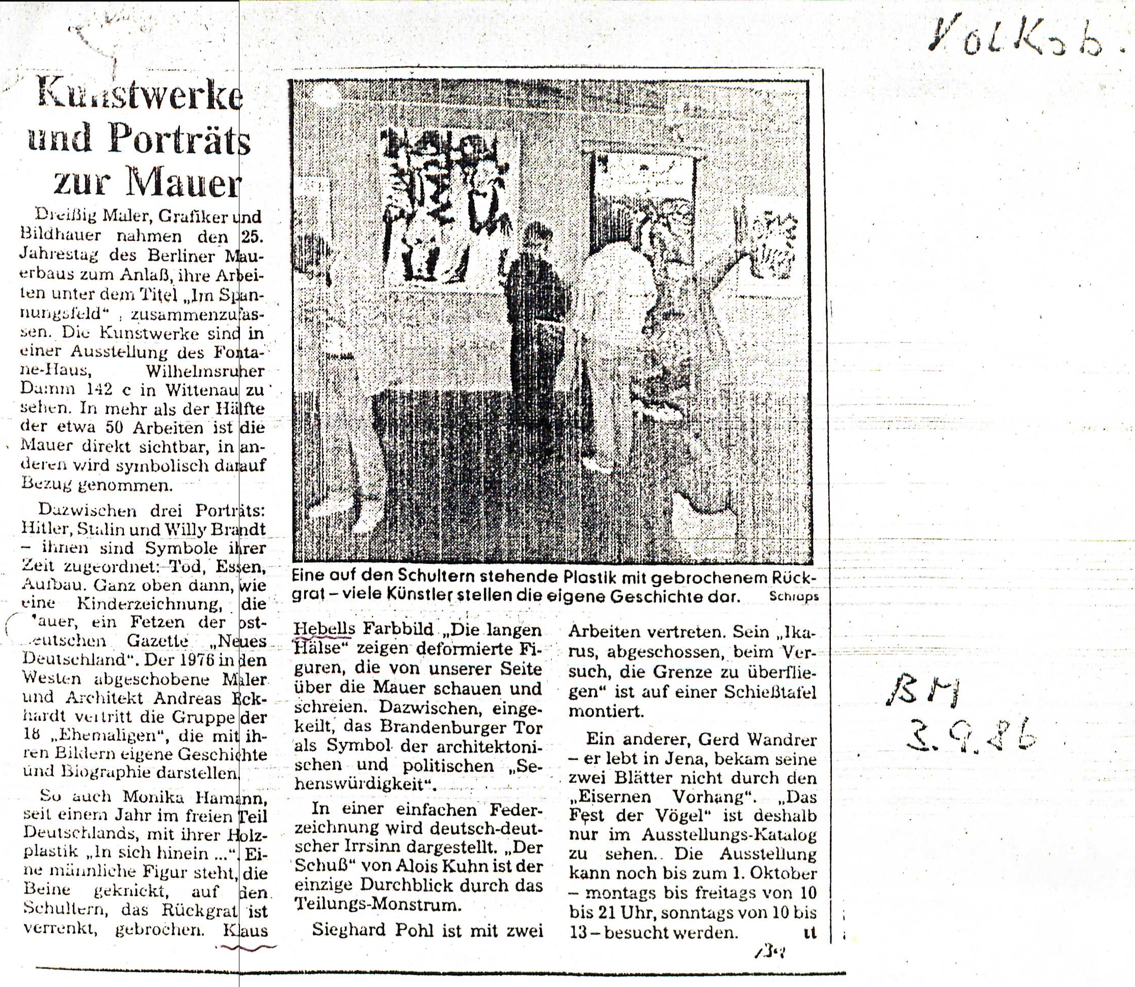 Berliner Morgenpost, 3. September 1986: Kunstwerke und Portraits zur Mauer