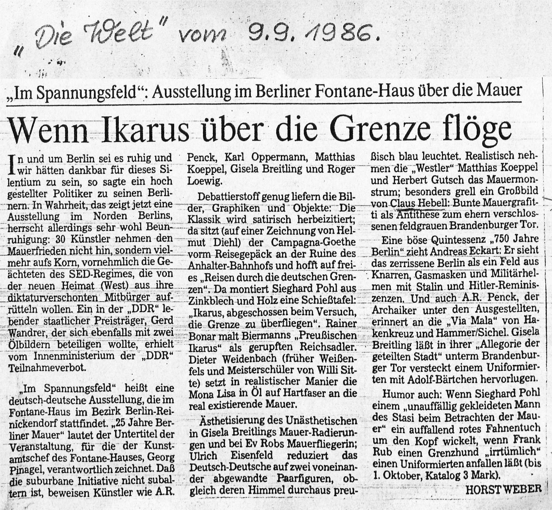Tageszeitung „Die Welt“ 9. September 1986